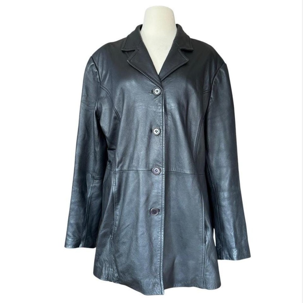 Vintage 90's women's minimalist Black Soft Leather Coat XL simple sleek